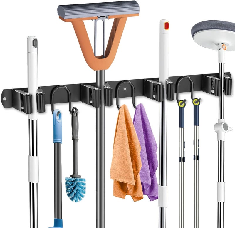 GUUKAR Mop Broom Holder Wall Mount, Black Stainless Steel Tool Storage Organizer for Kitchen Garden Garage Laundry Room Bathroom and RV with 4 Slots 6 Hooks - Image 1